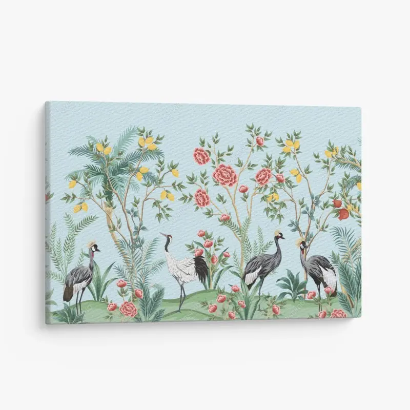Leinwandbild eleganter kranichgarten mit blüten