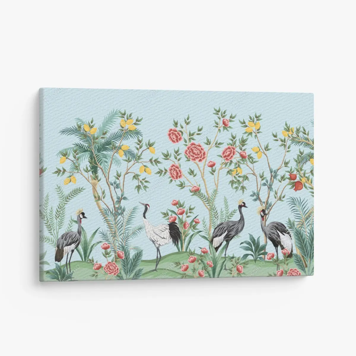 Leinwandbild eleganter kranichgarten mit blüten – Pixers®