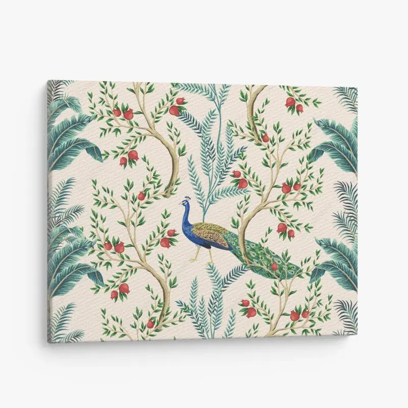 Leinwandbild pfau zwischen granatästen