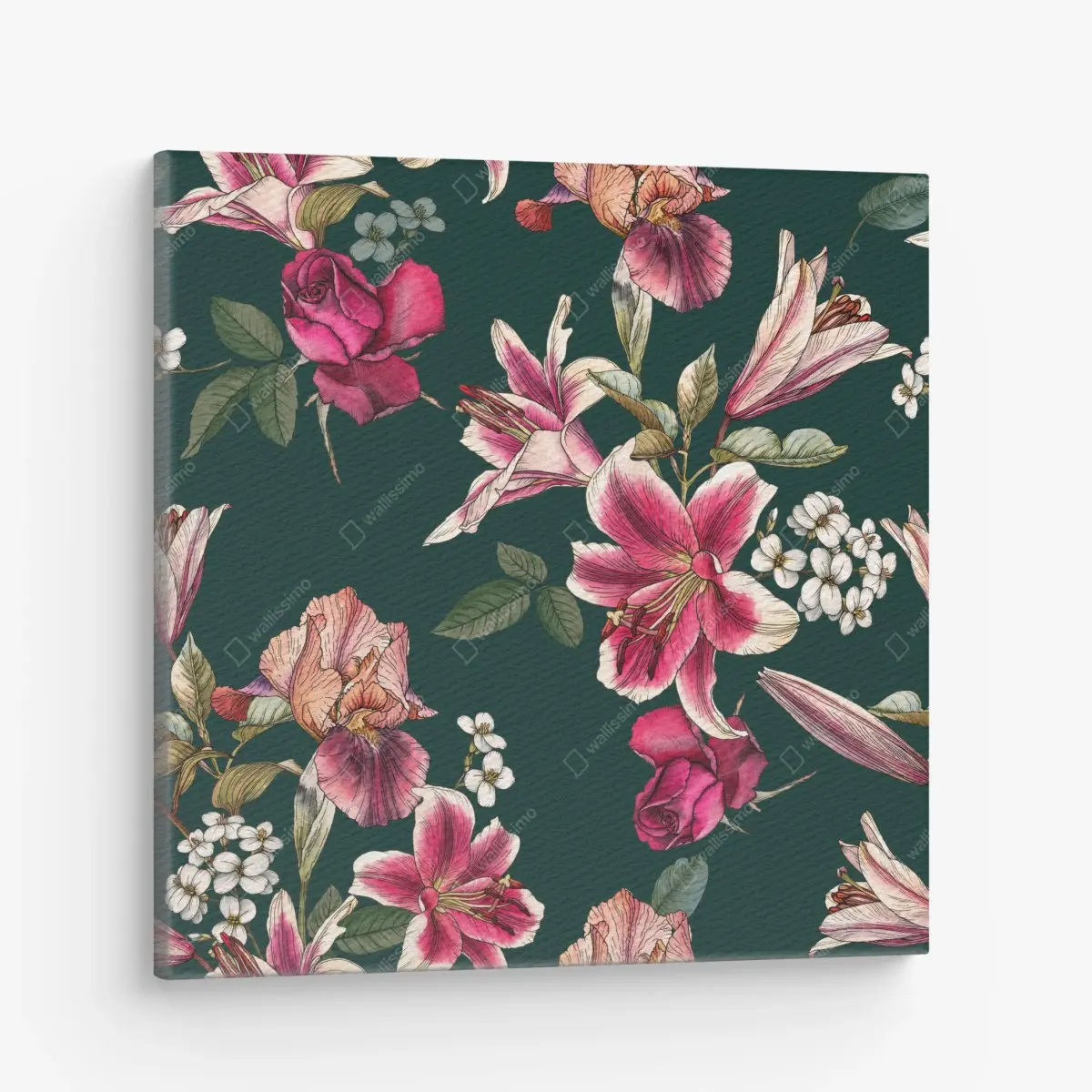Leinwandbild vintage botanisches floralmuster auf tiefgrün – Pixers®