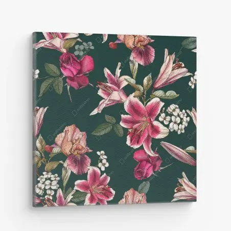 Leinwandbild vintage botanisches floralmuster auf tiefgrün – Pixers®