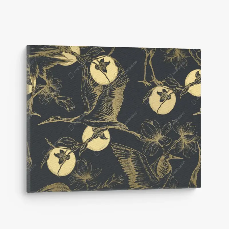 Leinwandbild goldene kraniche und mondmuster