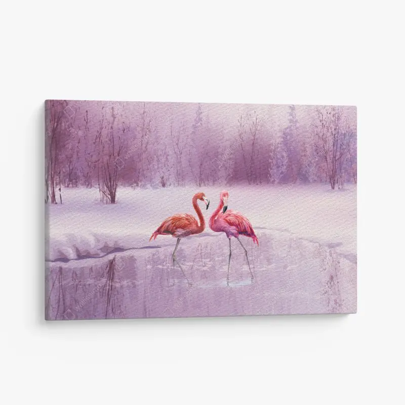 Leinwandbild pastell flamingos über winterlichem see