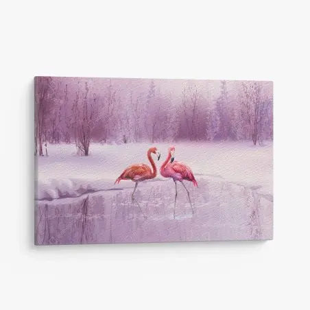 Leinwandbild pastell flamingos über winterlichem see – Pixers®