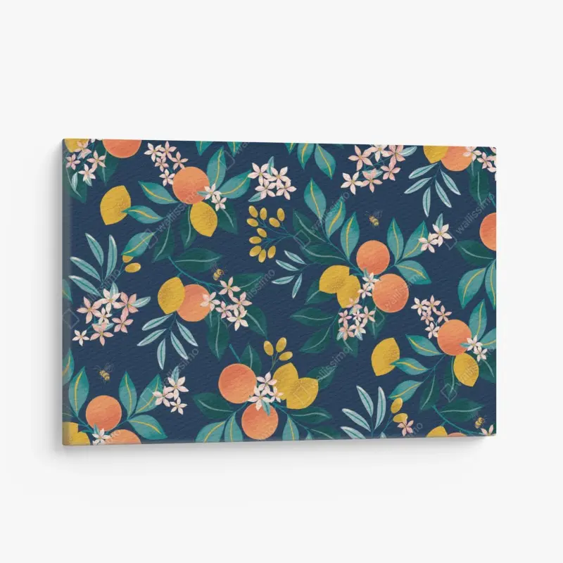 Leinwandbild botanisches zitronen- und orangenmuster auf marineblauem hintergrund