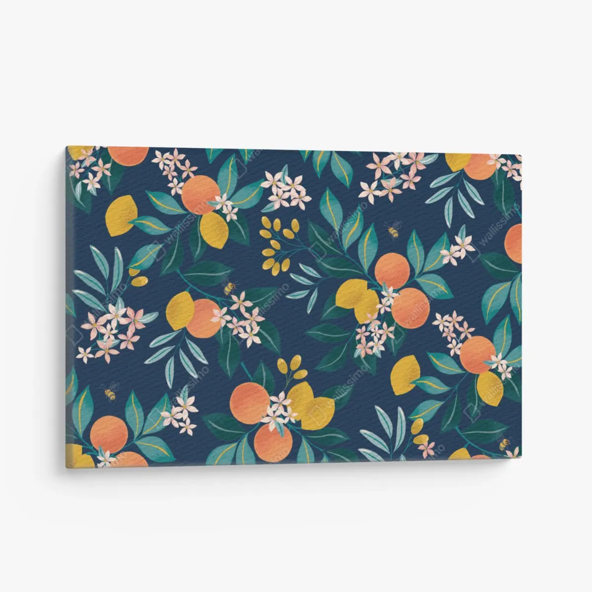 Leinwandbild botanisches zitronen- und orangenmuster auf marineblauem hintergrund – Pixers®