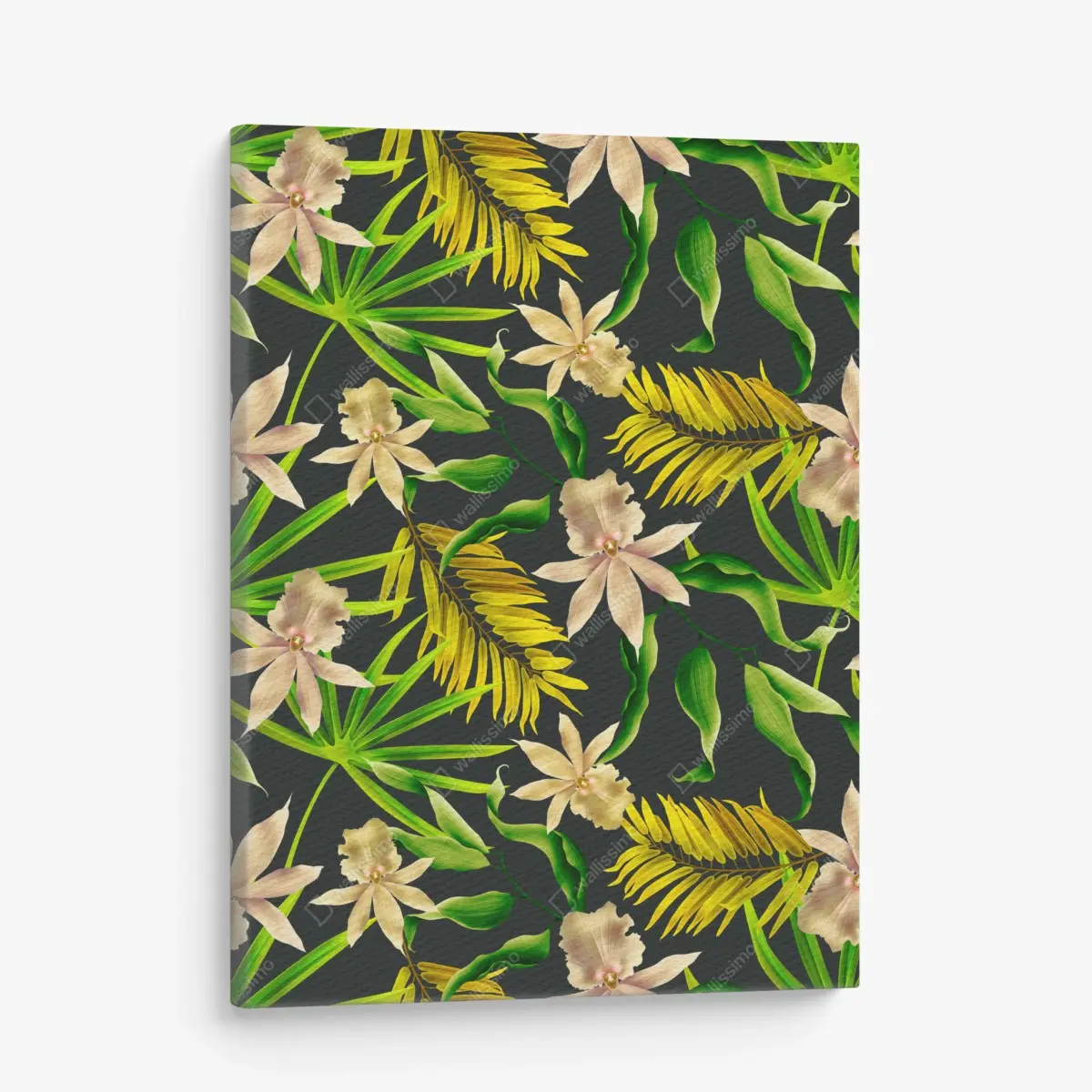 Leinwandbild tropisches orchideenmuster auf dunklem hintergrund – Pixers®