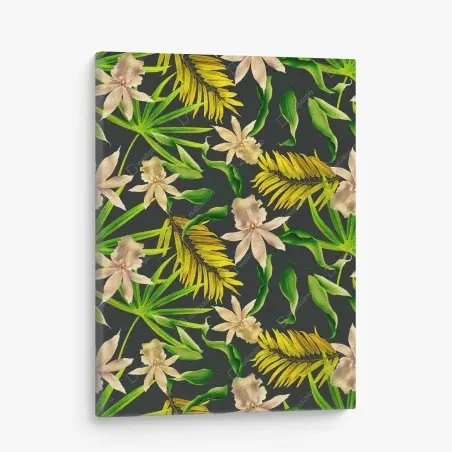 Leinwandbild tropisches orchideenmuster auf dunklem hintergrund – Pixers®