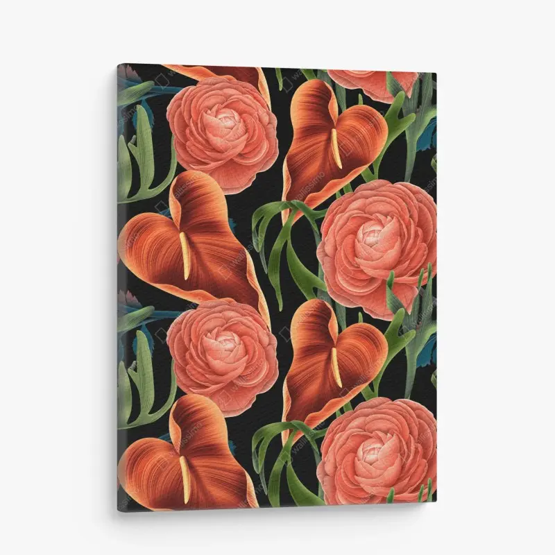 Leinwandbild lebhaftes korallenblumenmuster auf schwarzem hintergrund