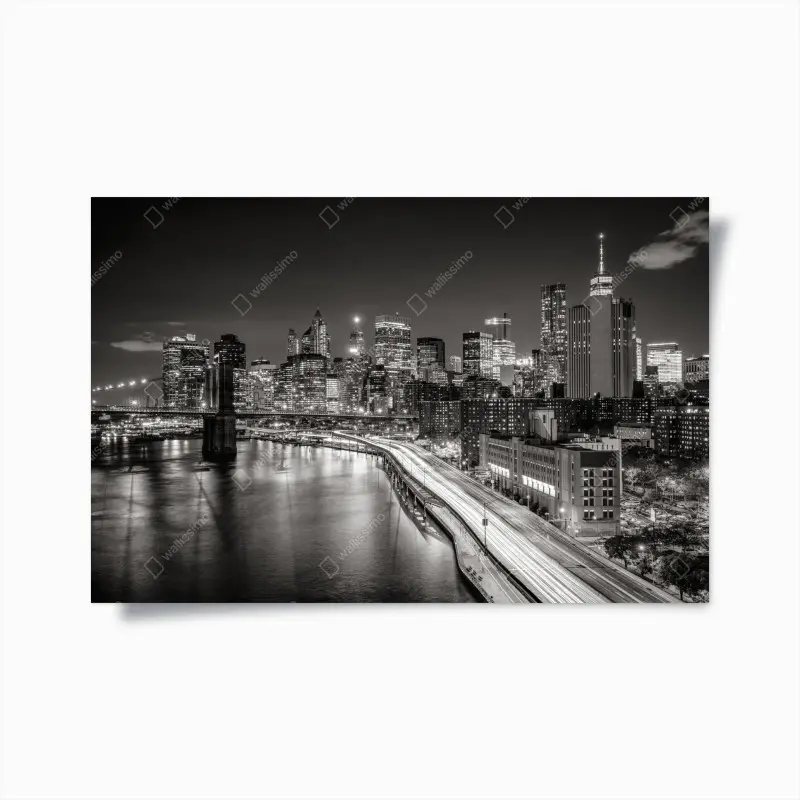 Poster monochrome stadtsilhouette bei nacht