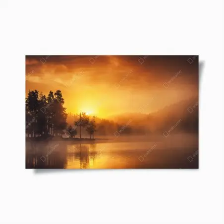 Poster goldener sonnenaufgang über dem nebligen see – Pixers®
