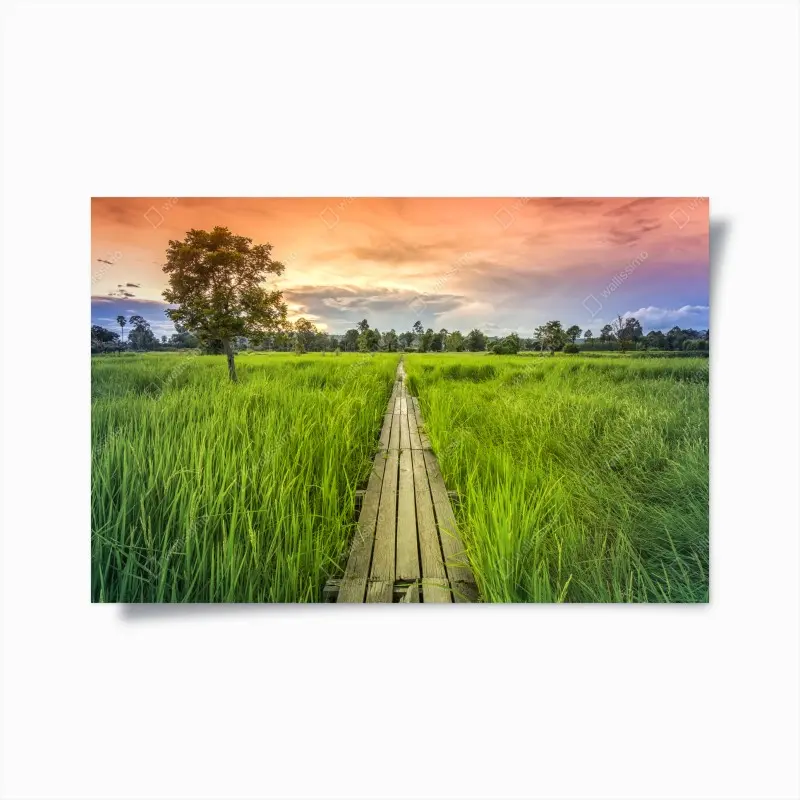 Poster sonnenuntergang über einer hölzernen brücke in Khonburi