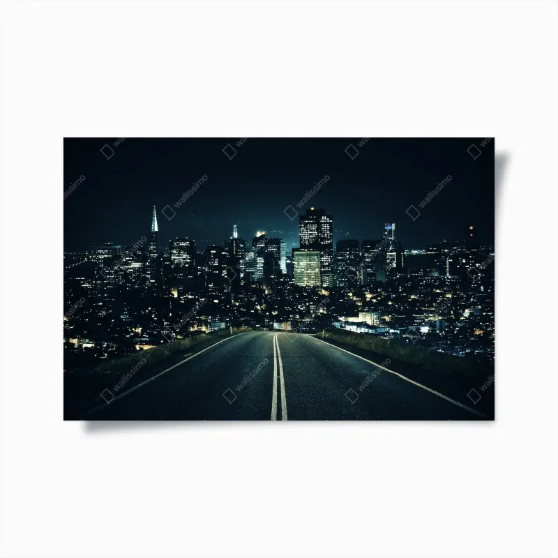 Poster straße zur beleuchteten stadtsilhouette bei nacht