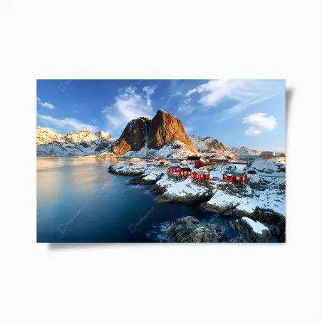 Poster sonnenbeschienenes Hamnøy am fjord – Pixers®