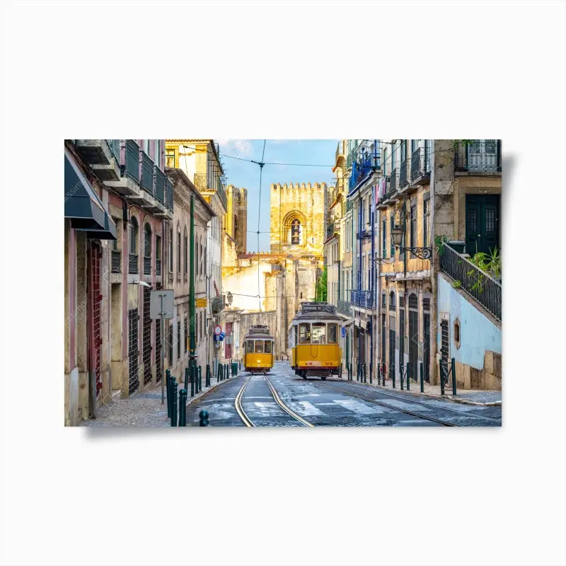 Poster sonnige straßenbahnen in Lissabon