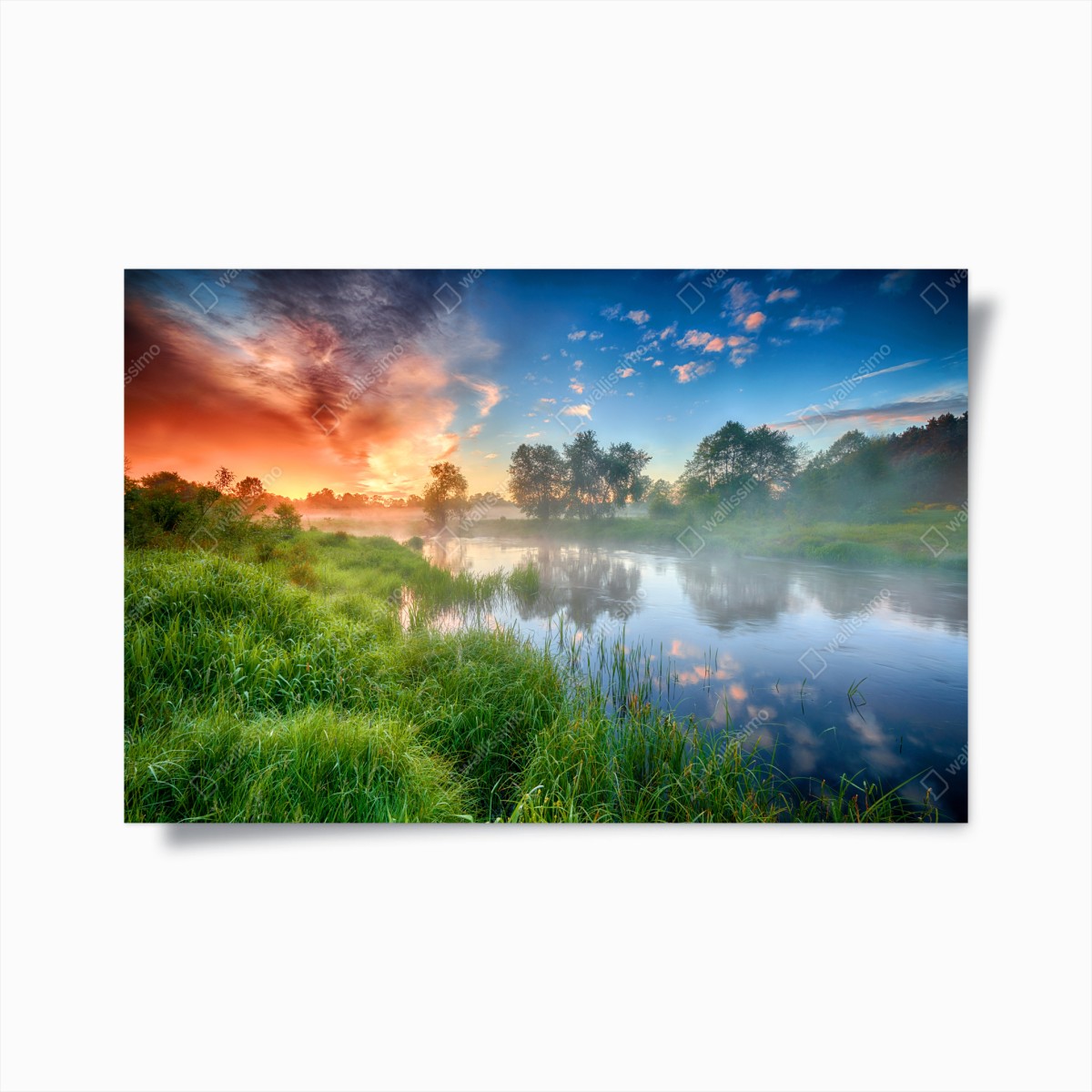 Poster nebel bei sonnenaufgang am flussufer – Pixers®