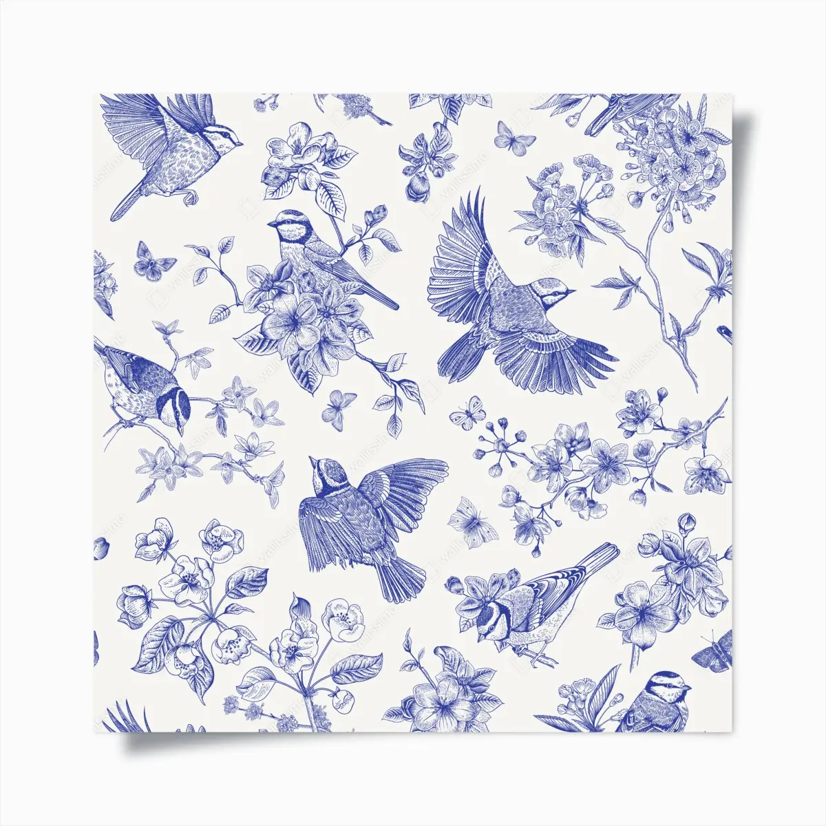 Poster blaues muster mit vögeln und blüten im vintage-stil – Pixers®