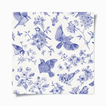 Poster blaues muster mit vögeln und blüten im vintage-stil – Pixers®