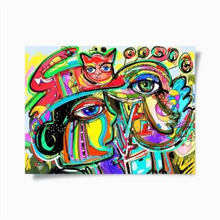 Poster lebendige abstrakte gesichter mit katze und vogel – Pixers®