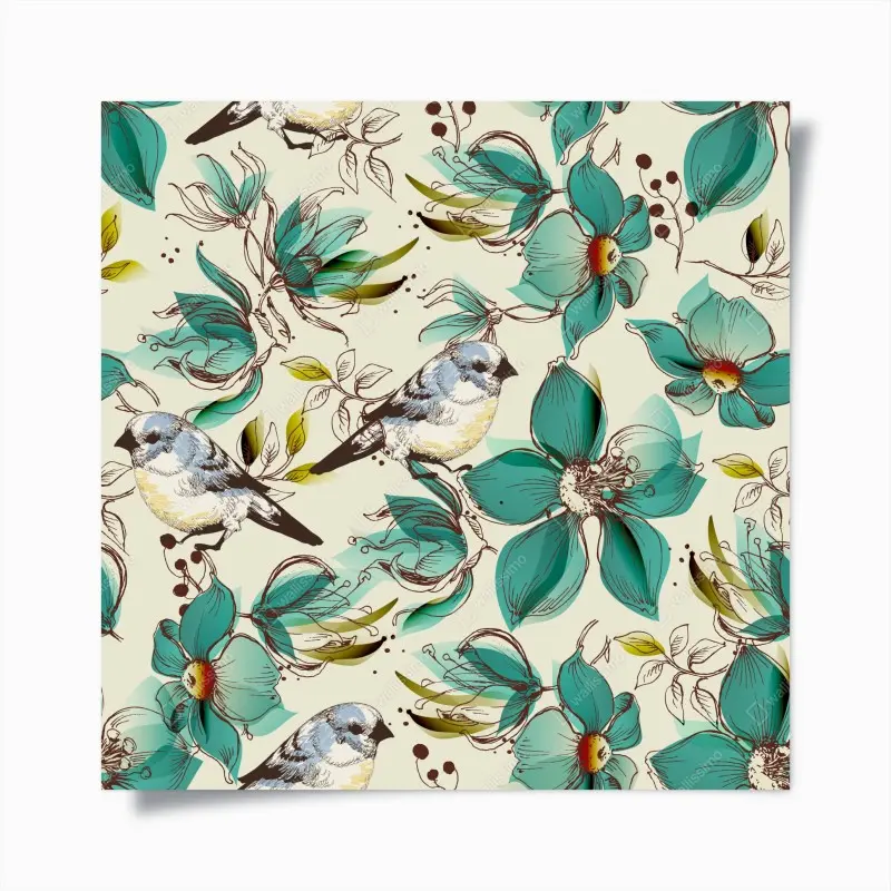 Poster retro türkis blumen- und vogelmuster