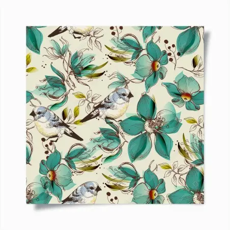 Poster retro türkis blumen- und vogelmuster – Pixers®