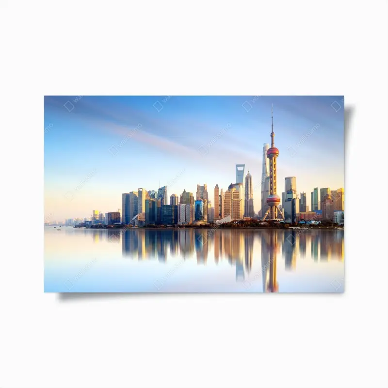 Poster Shanghai skyline spiegelung bei sonnenaufgang