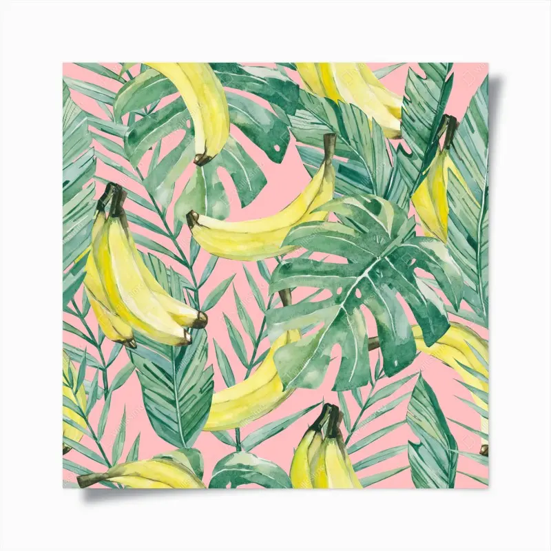 Poster aquarell-bananen und blättermuster auf rosa hintergrund