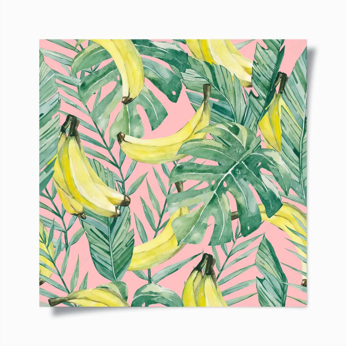 Poster aquarell-bananen und blättermuster auf rosa hintergrund – Pixers®