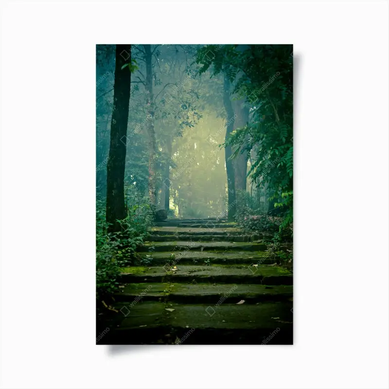 Poster moosbedeckte steintreppe in den nebligen wald