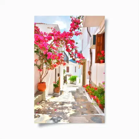 Poster sonnige mediterrane gasse mit bougainvillea – Pixers®