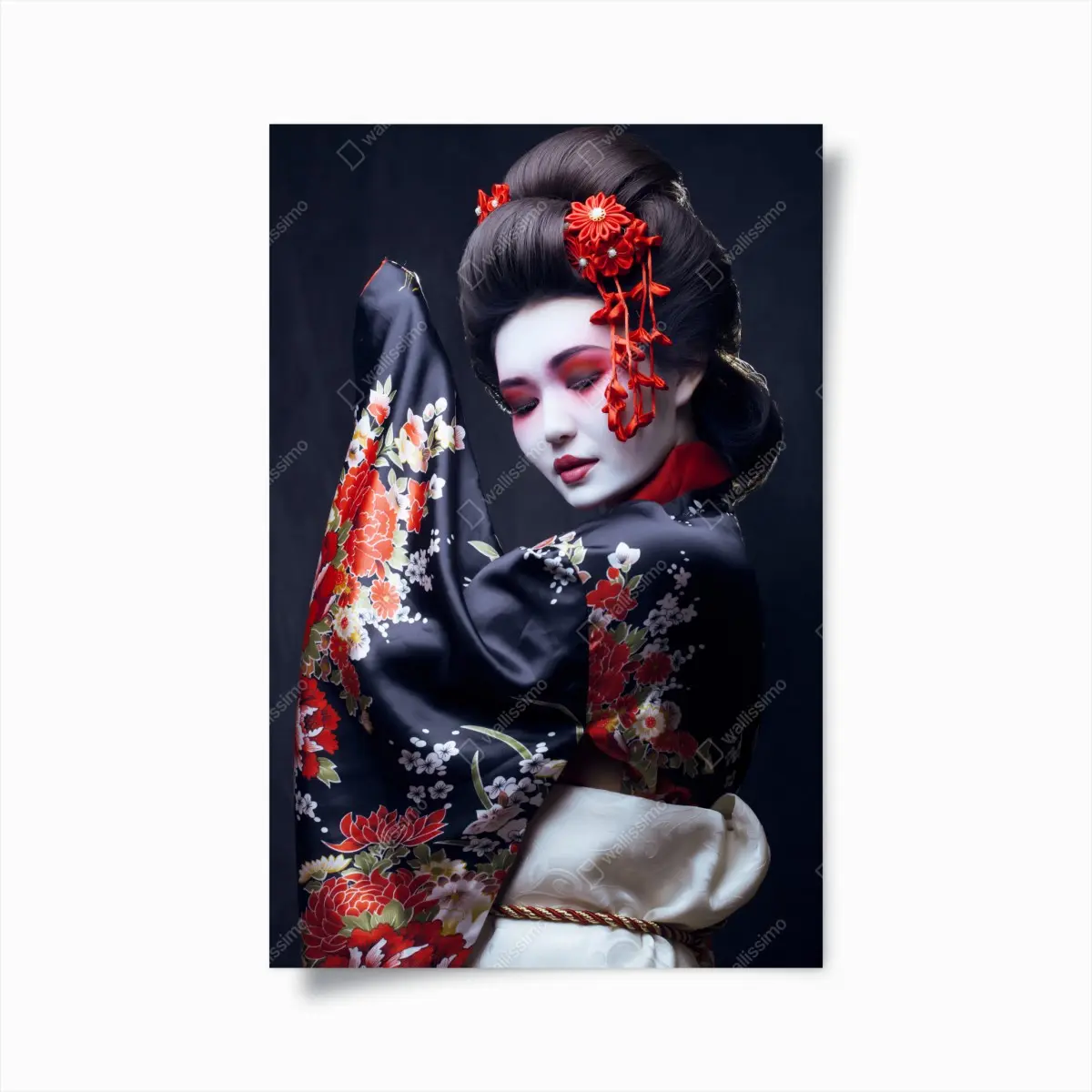 Poster elegantes geisha-porträt in rotem und schwarzem kimono – Pixers®