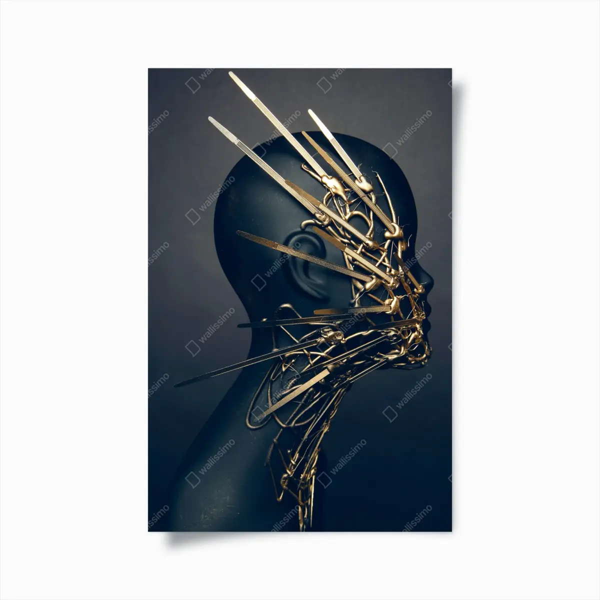 Poster goldene drahtskulptur auf schwarzer büste – Pixers®