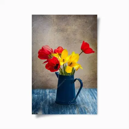 Poster bunter tulpenstrauß im blauen krug – Pixers®