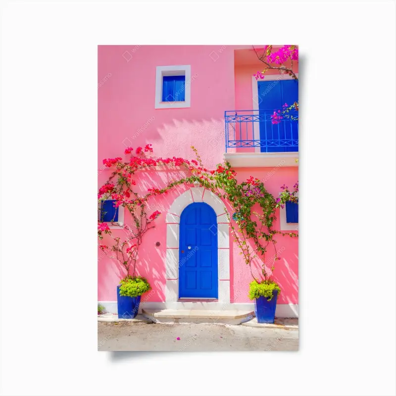 Poster leuchtende rosa fassade mit blauer tür