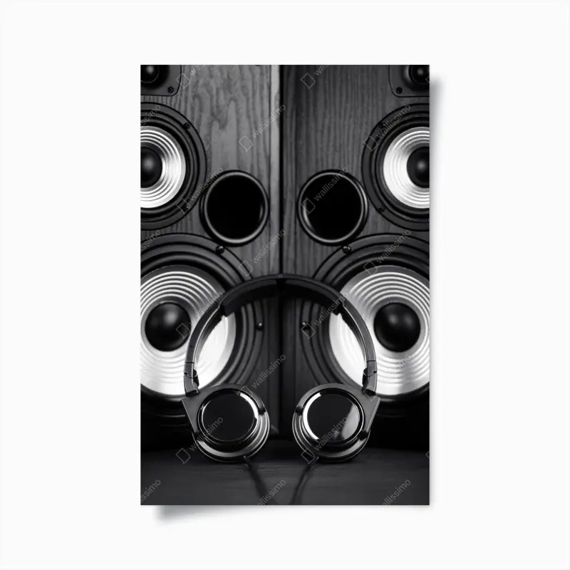 Poster monochromes audio-ensemble mit kopfhörern und lautsprechern