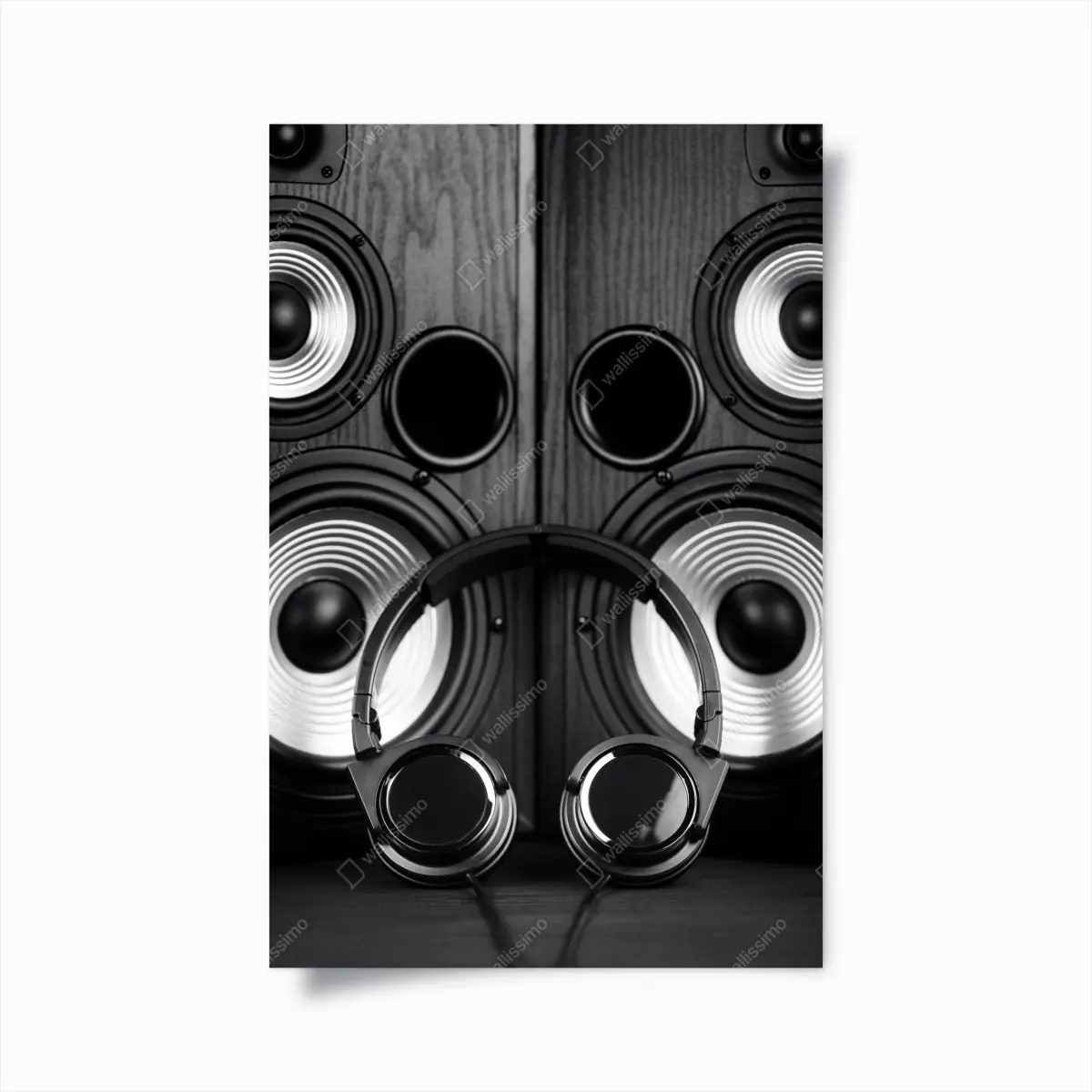 Poster monochromes audio-ensemble mit kopfhörern und lautsprechern – Pixers®