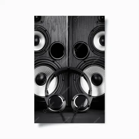 Poster monochromes audio-ensemble mit kopfhörern und lautsprechern – Pixers®