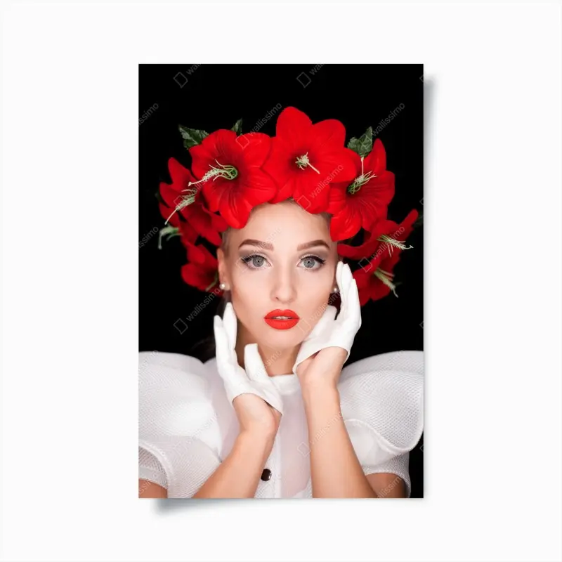 Poster elegantes porträt mit rotem blumenkranz
