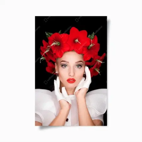 Poster elegantes porträt mit rotem blumenkranz – Pixers®