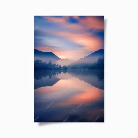 Poster nebeliger bergsee bei dämmerung – Pixers®