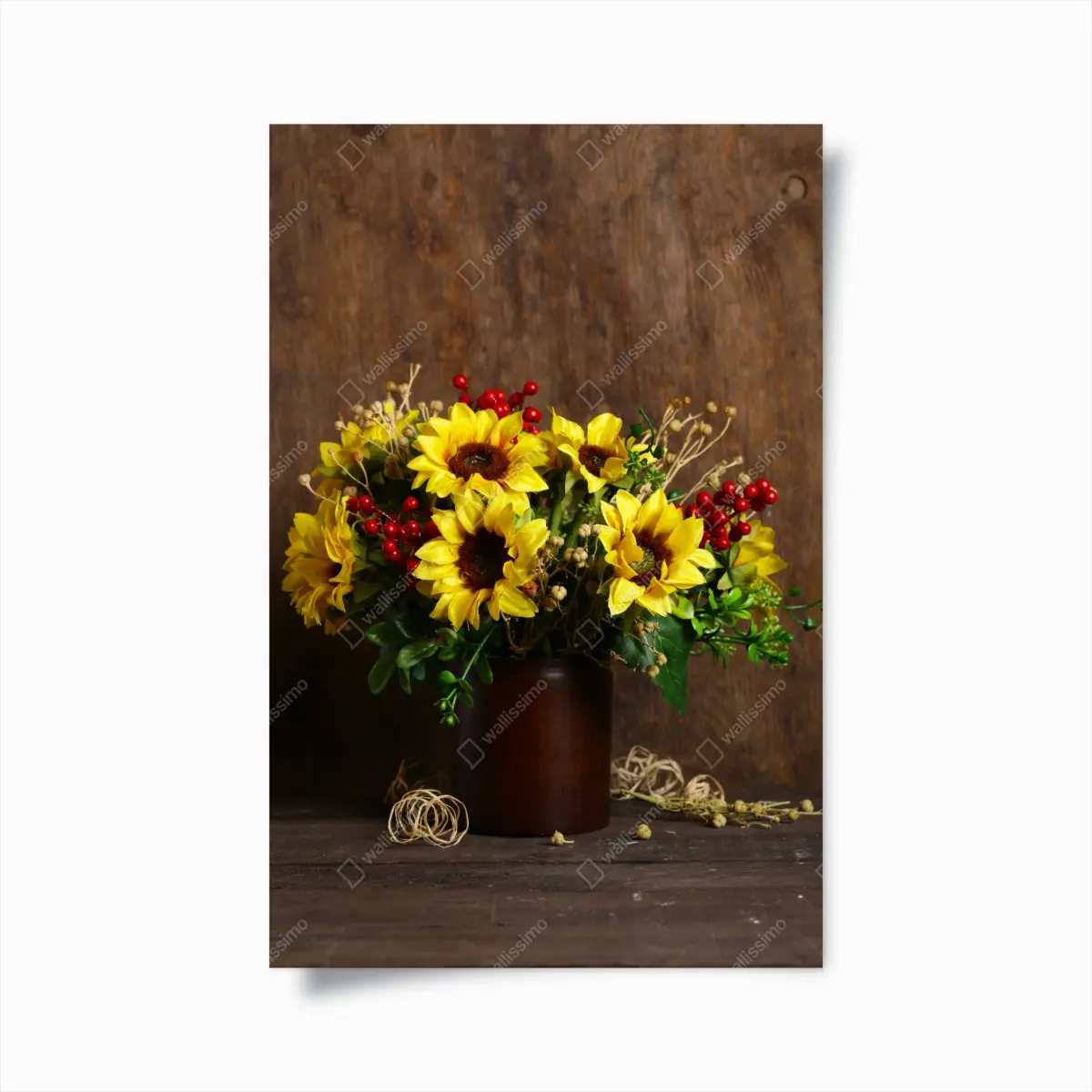 Poster herbstlicher sonnenblumenstrauß vor holzhintergrund – Pixers®