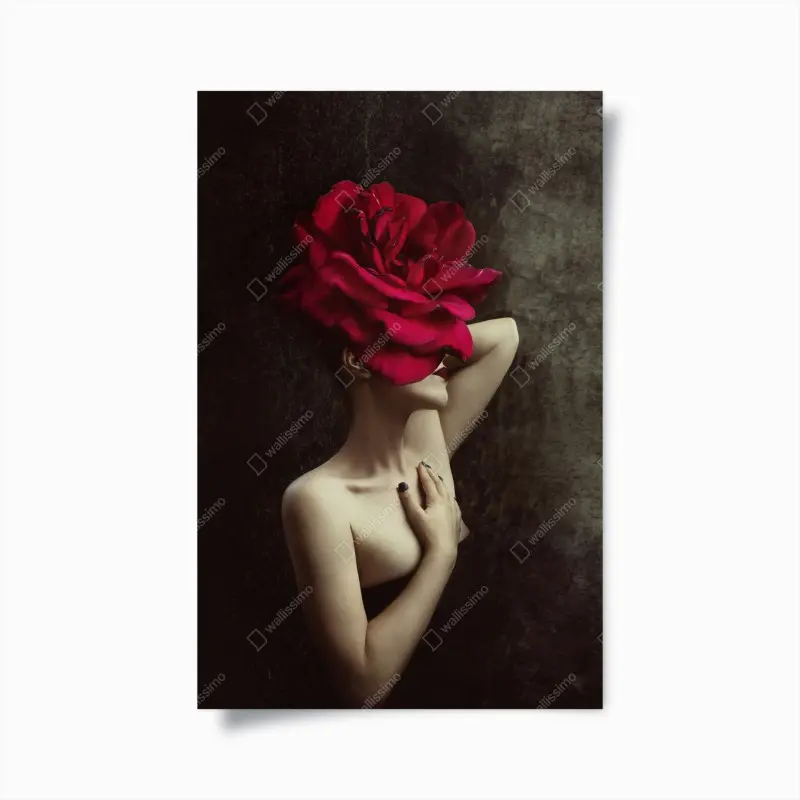 Poster frau mit rosenkopf surreales blumenporträt