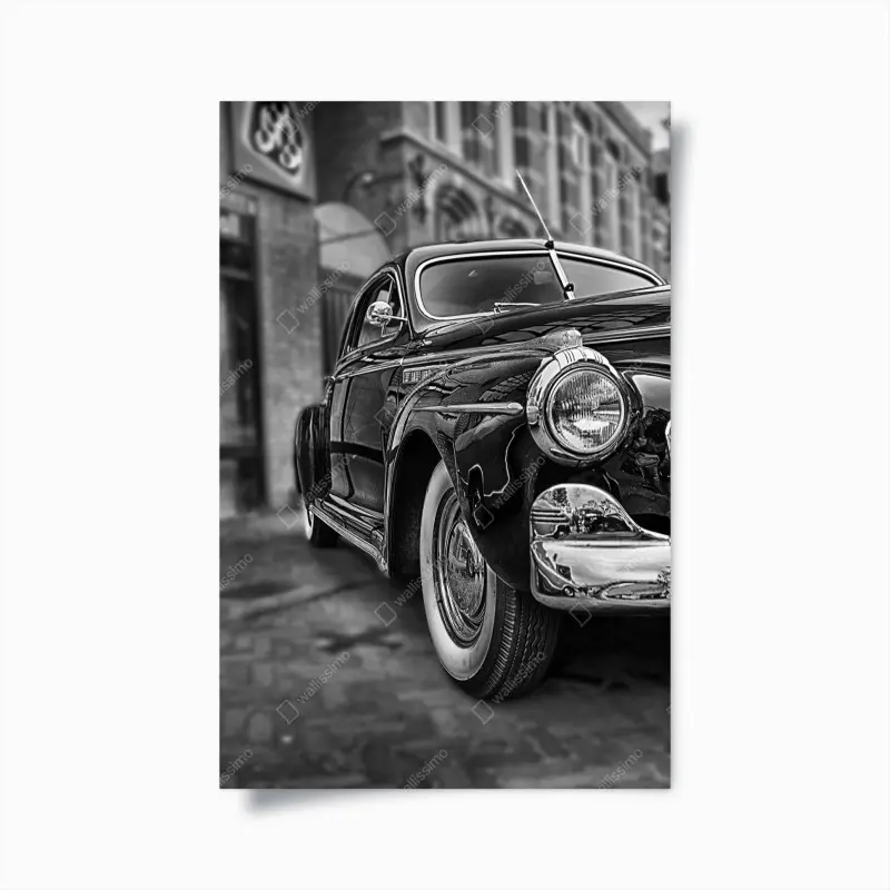 Poster vintage klassisches auto auf kopfsteinpflaster