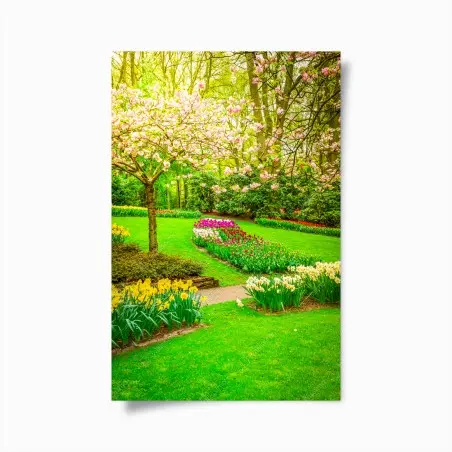 Poster frühlingsgarten in blüte: tulpen und kirschblüten – Pixers®