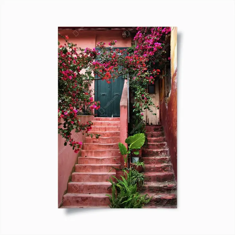 Poster treppe mit bougainvillea und grünen pflanzen