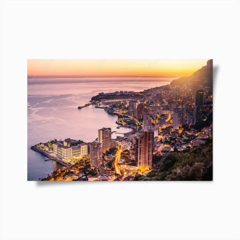 Poster sonnenuntergang über der städtischen küstenlinie