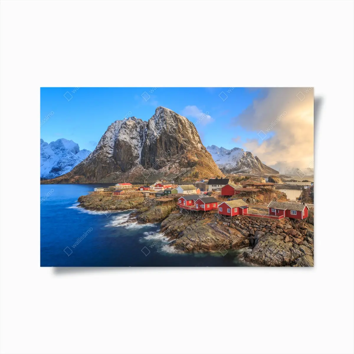 Poster küstendorf in Norwegen mit roten fischerhütten – Pixers®