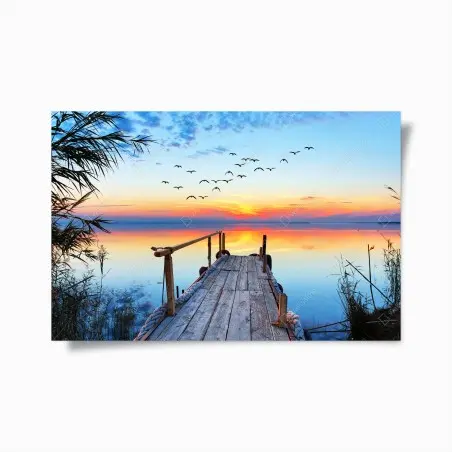Poster steg bei sonnenuntergang über ruhigem see – Pixers®