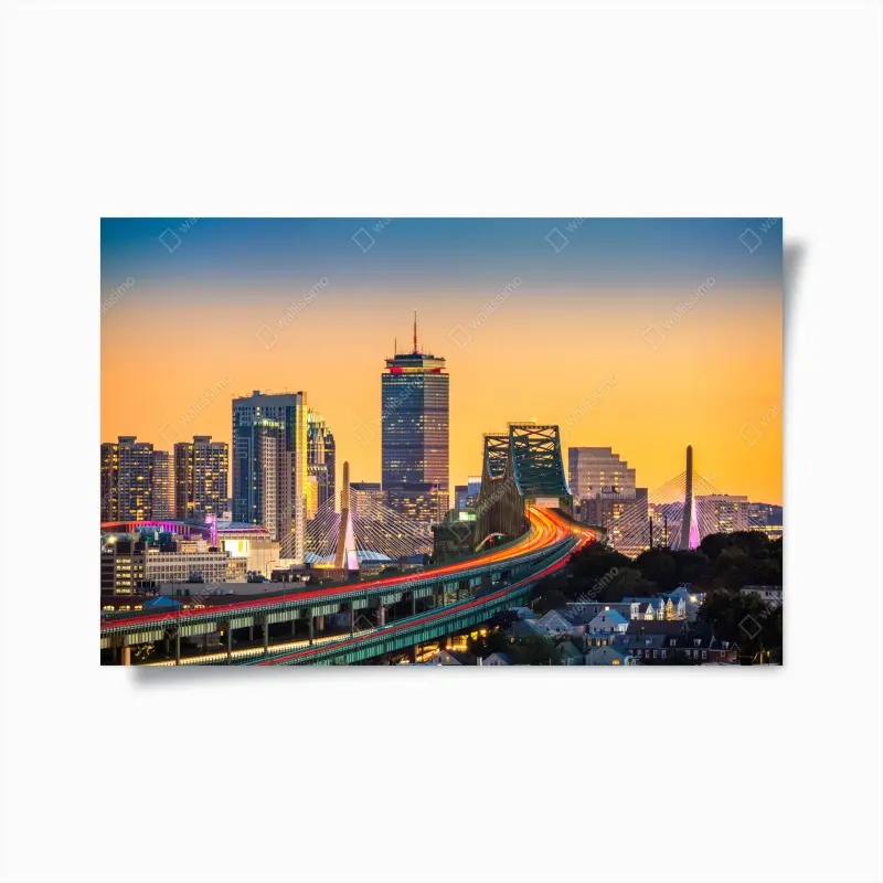 Poster panorama von Boston bei sonnenuntergang mit Zakim und Tobin brücken