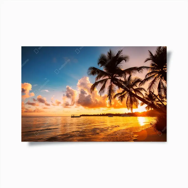 Poster tropischer sonnenuntergang mit palmensilhouetten, Dominikanische Republik